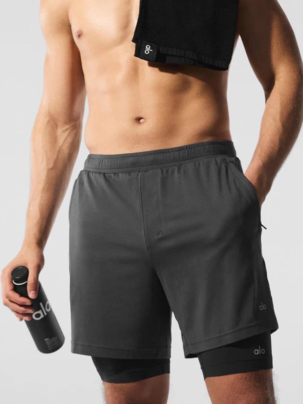 ALO Yoga Conquer React 2 in 1 Performance Short Lined - Anthracite / Grey Black